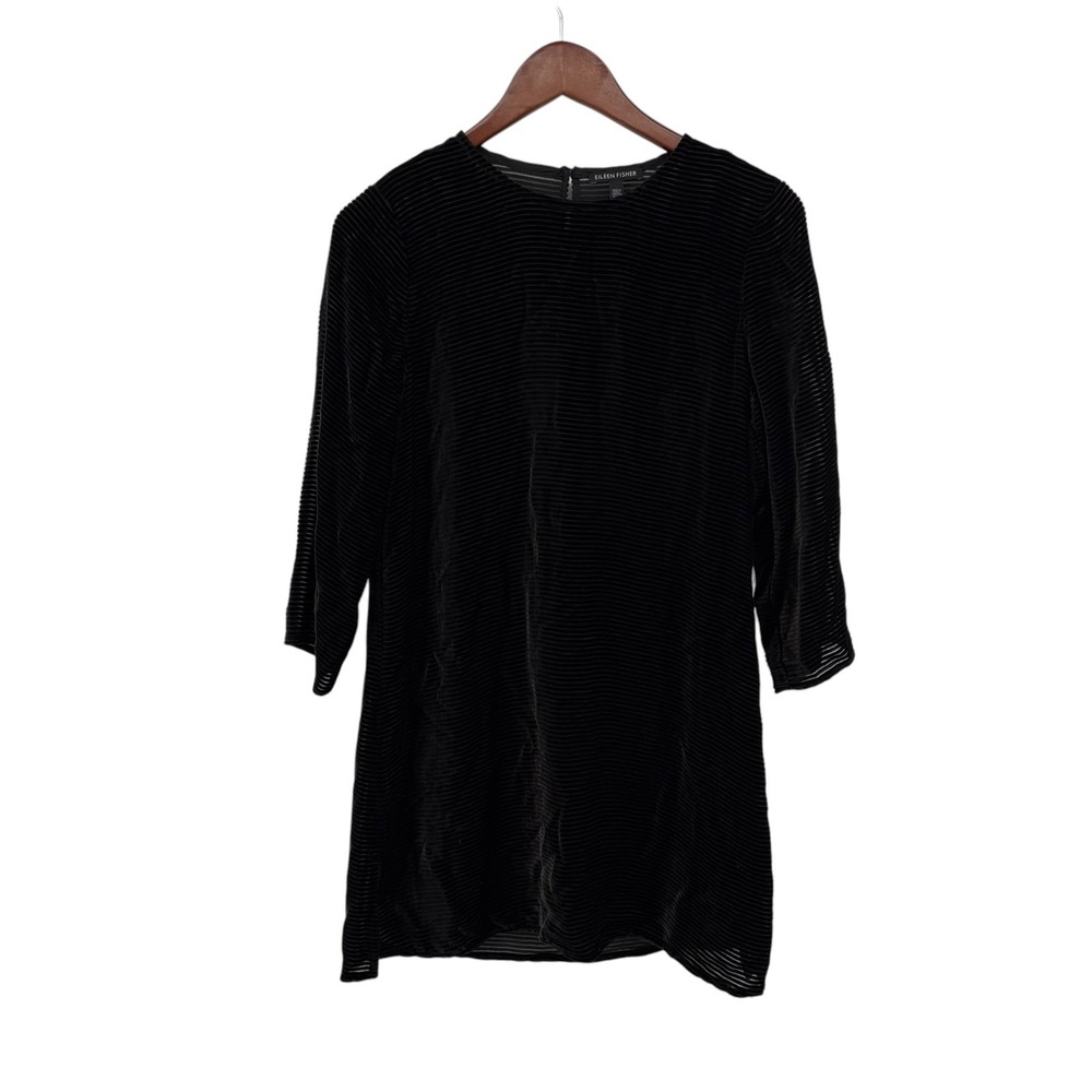 Eileen Fisher Velvet Burnout Stripe Silk Tunic XXS Black Minimalist